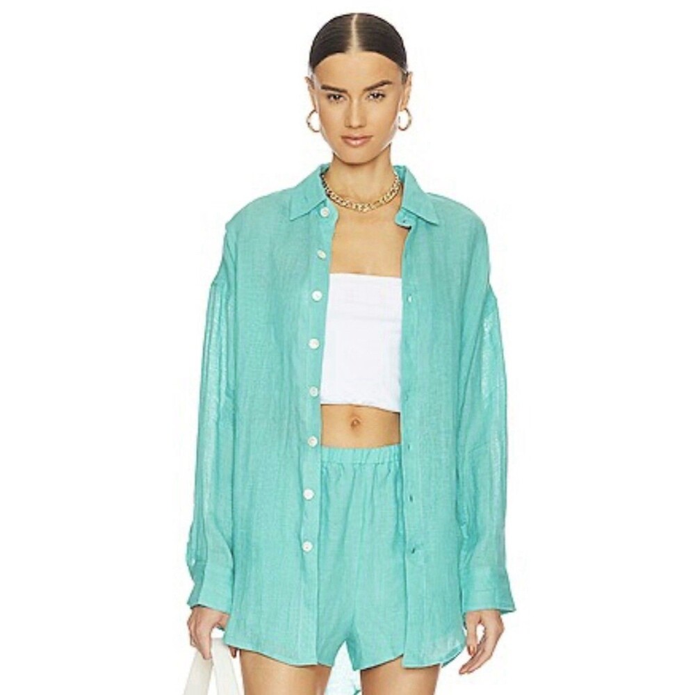 Vitamin A Playa Linen Boyfriend Shirt Oversized Beach Cover-up Aqua Size M - NEW